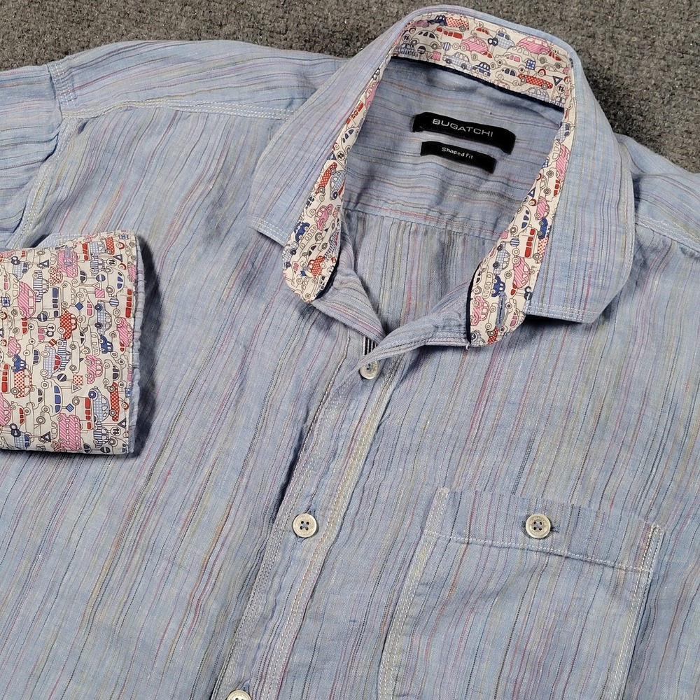 Bugatchi Shirt‎ Mens Medium Blue Linen Striped Long Sleeve Button Up Car Print